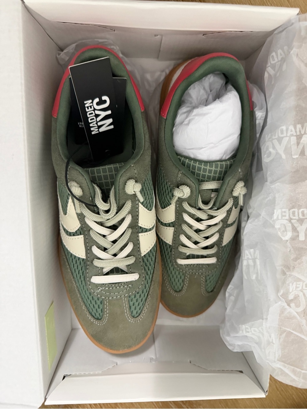 Madden NYC Women’s Olive Green Retro Runner Sneakers with Cream Accents